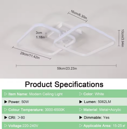LED Dual Square Ceiling Light Dimmable, Remote Control, 50W,