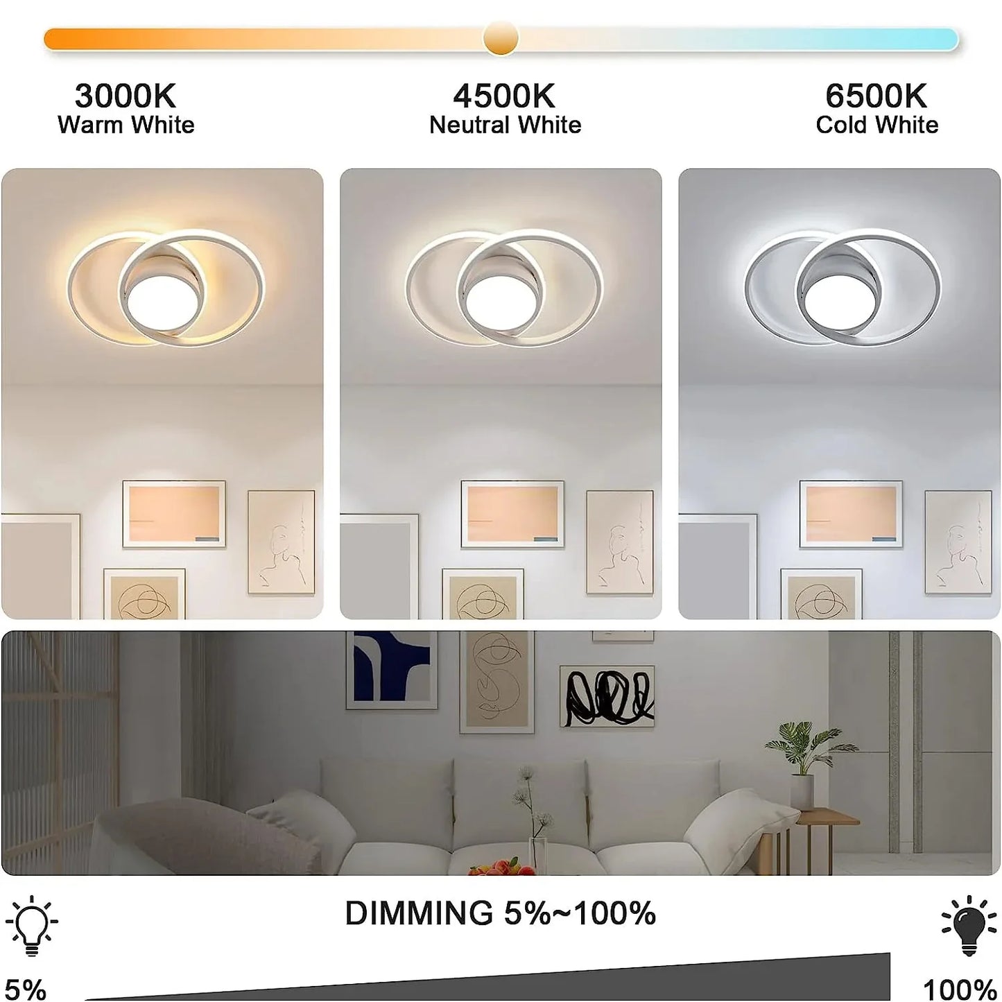 Modern LED Dual Ring Ceiling Lamp, Dimmable with Remote Control, 40W