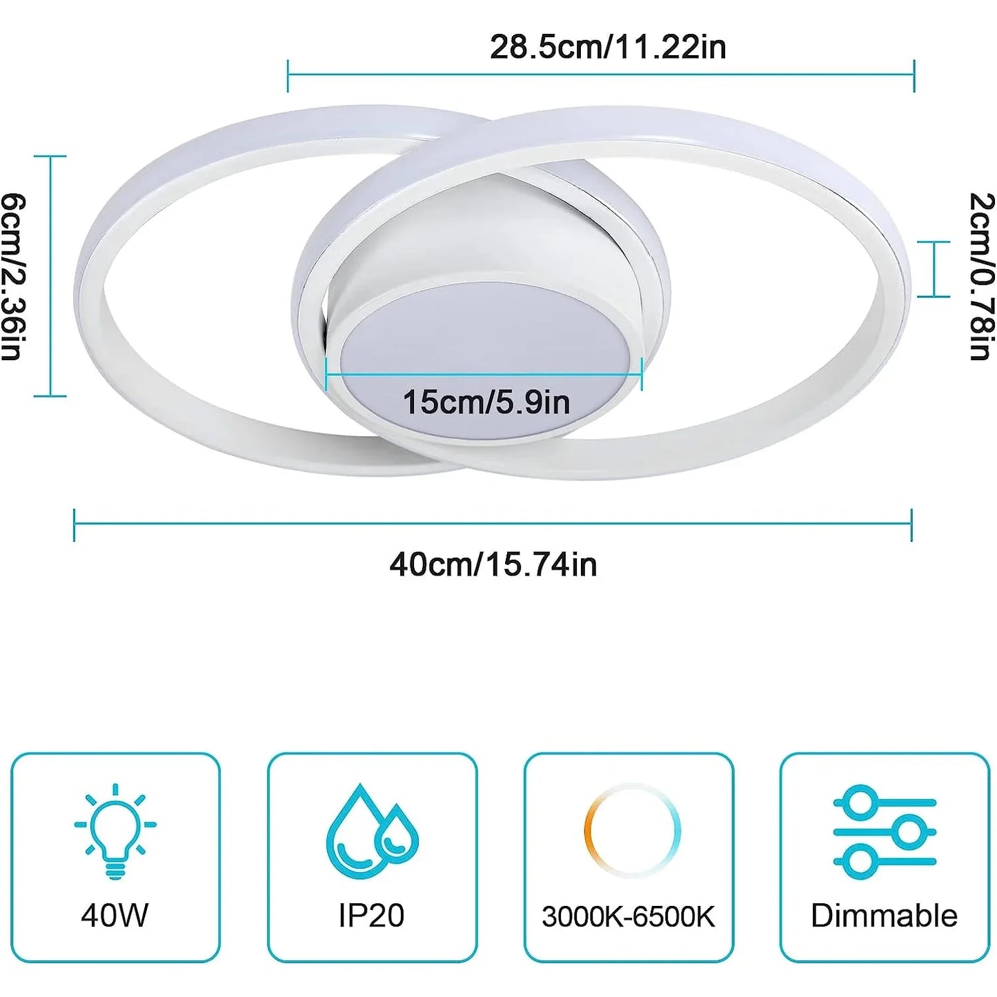 Modern LED Dual Ring Ceiling Lamp, Dimmable with Remote Control, 40W