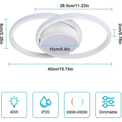 Modern LED Dual Ring Ceiling Lamp, Dimmable with Remote Control, 40W