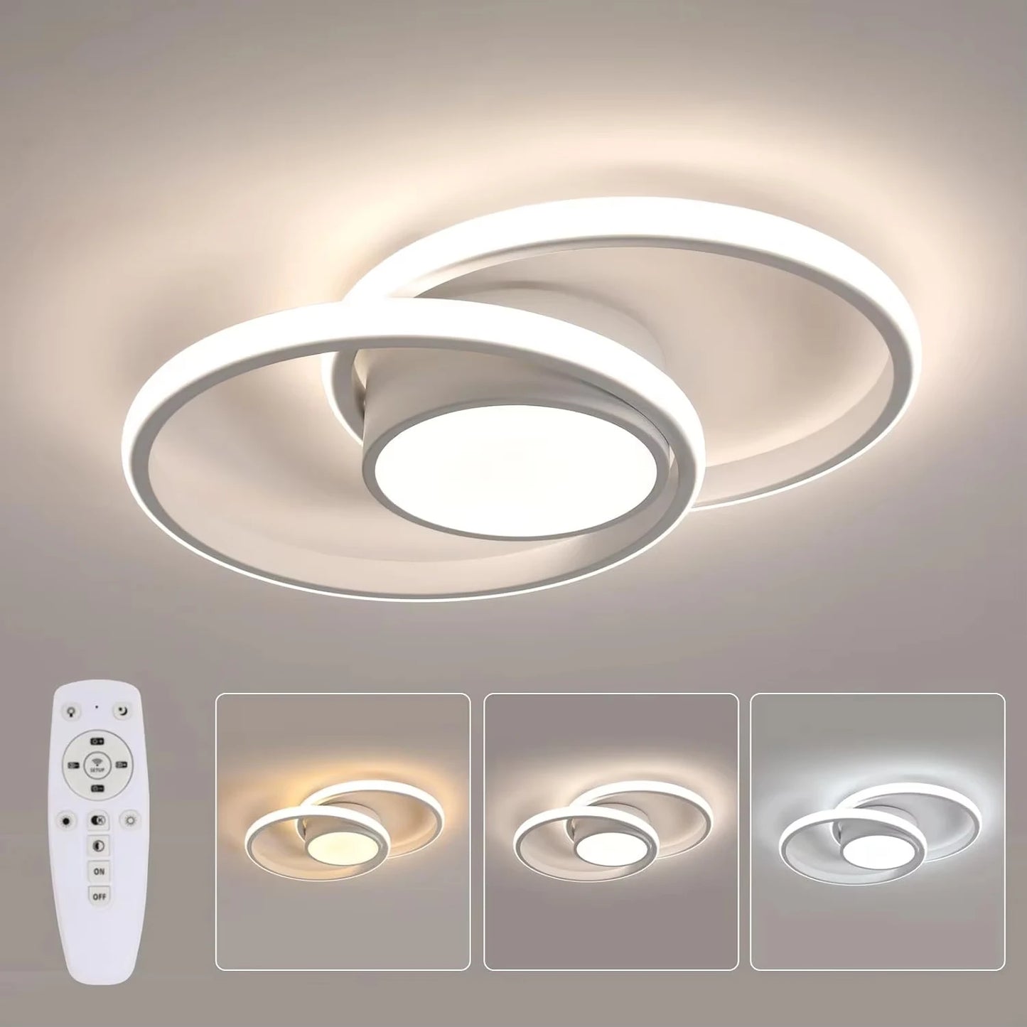 Modern LED Dual Ring Ceiling Lamp, Dimmable with Remote Control, 40W